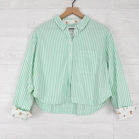 American Eagle Cropped Button Up Shirt Women M Striped Green Flip Cuff Oversized - Picture 15 of 16